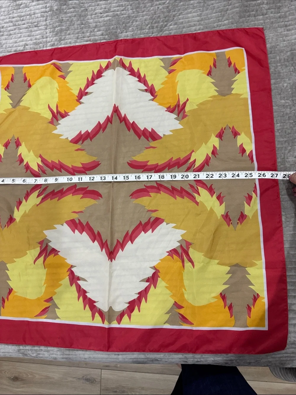 Vibrant Feather-Print Square Scarf in Red, Yellow, Tan